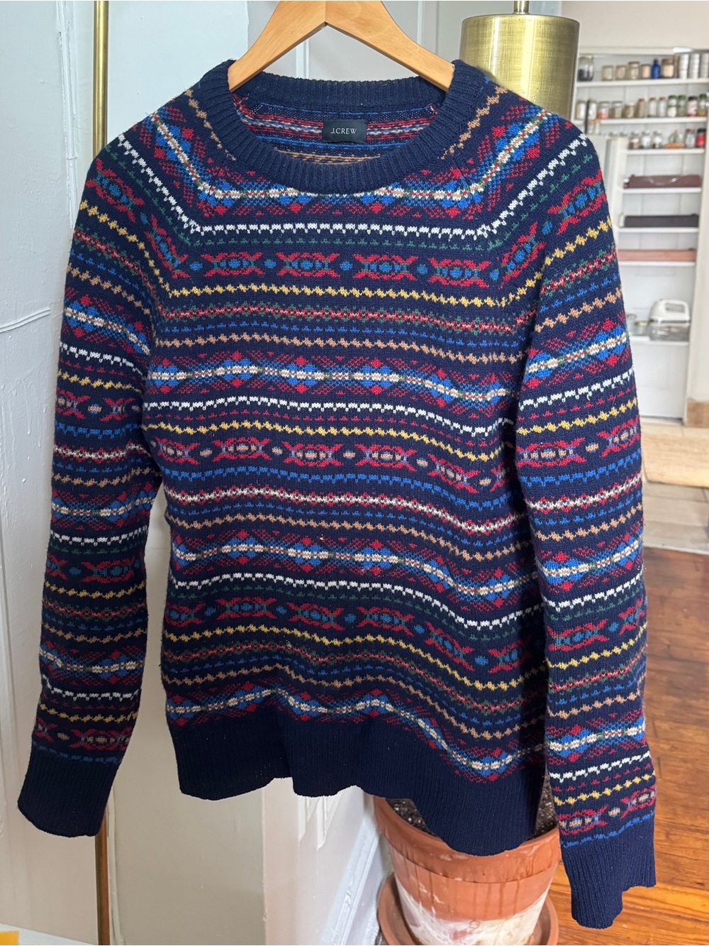 J.Crew Men’s 100% Lambswool Fair Isle Nordic Sweater Navy Size S